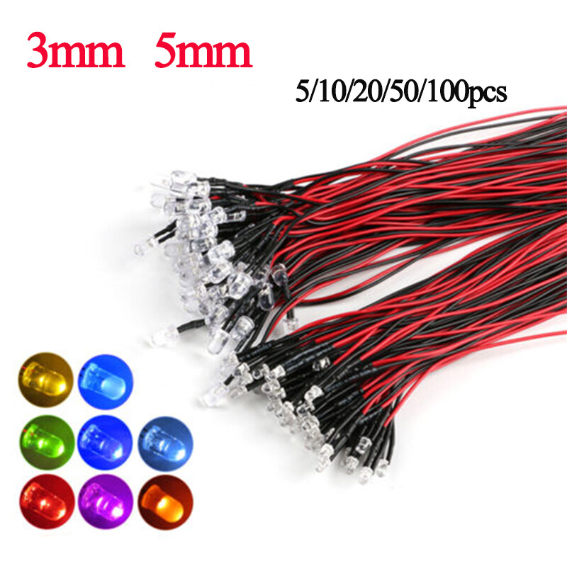 3mm 5mm Prewired LED Diode Light Red Yellow Blue Green White Pink Purple 5-12V