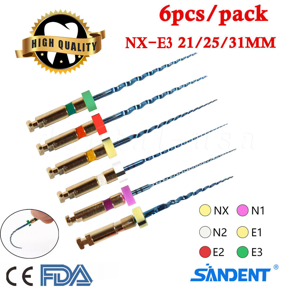 6Pcs Dental Endo Rotary Files X-Pro Gold Taper NITI Root Canal Files 21/25/31MM