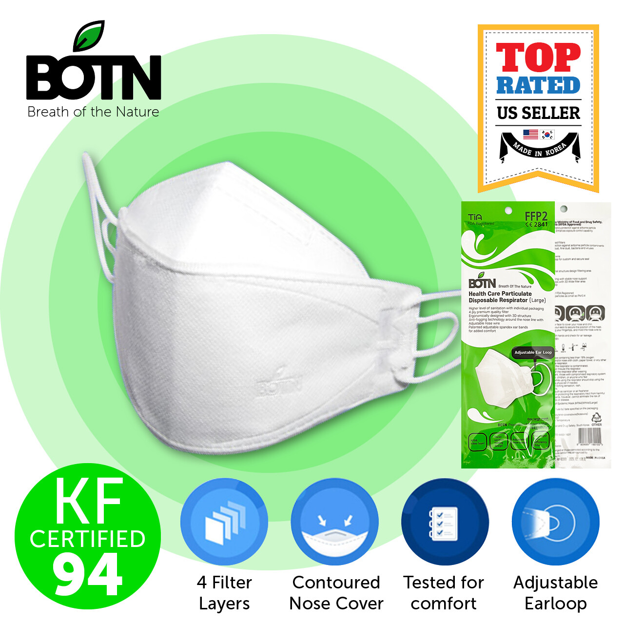 2 PACK BOTN KF94 WHITE Protective Face Mask Adult Made in Korea KFDA Approved