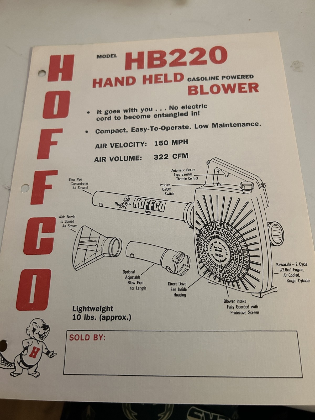 HOFFCO HB220 HAND HELD GASOLINE POWERED BLOWER SALES BROCHURE 150MPH