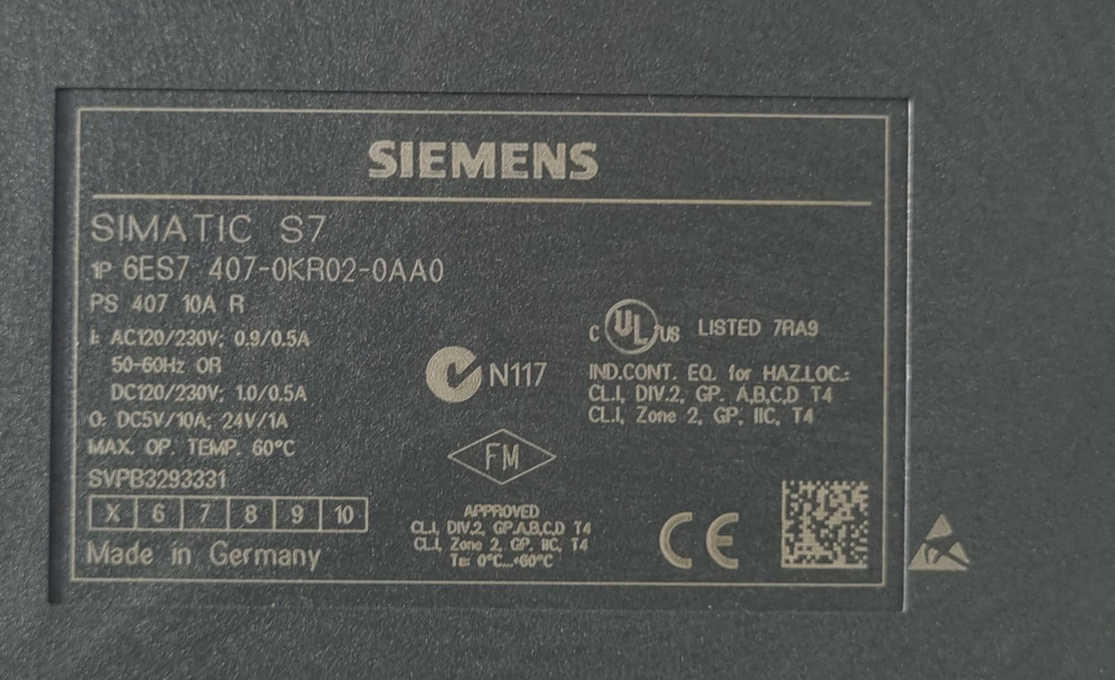 Siemens Simatic S7-400 PS407 6ES7 407-0KR02-0AA0 Power Supply Module 120-230V