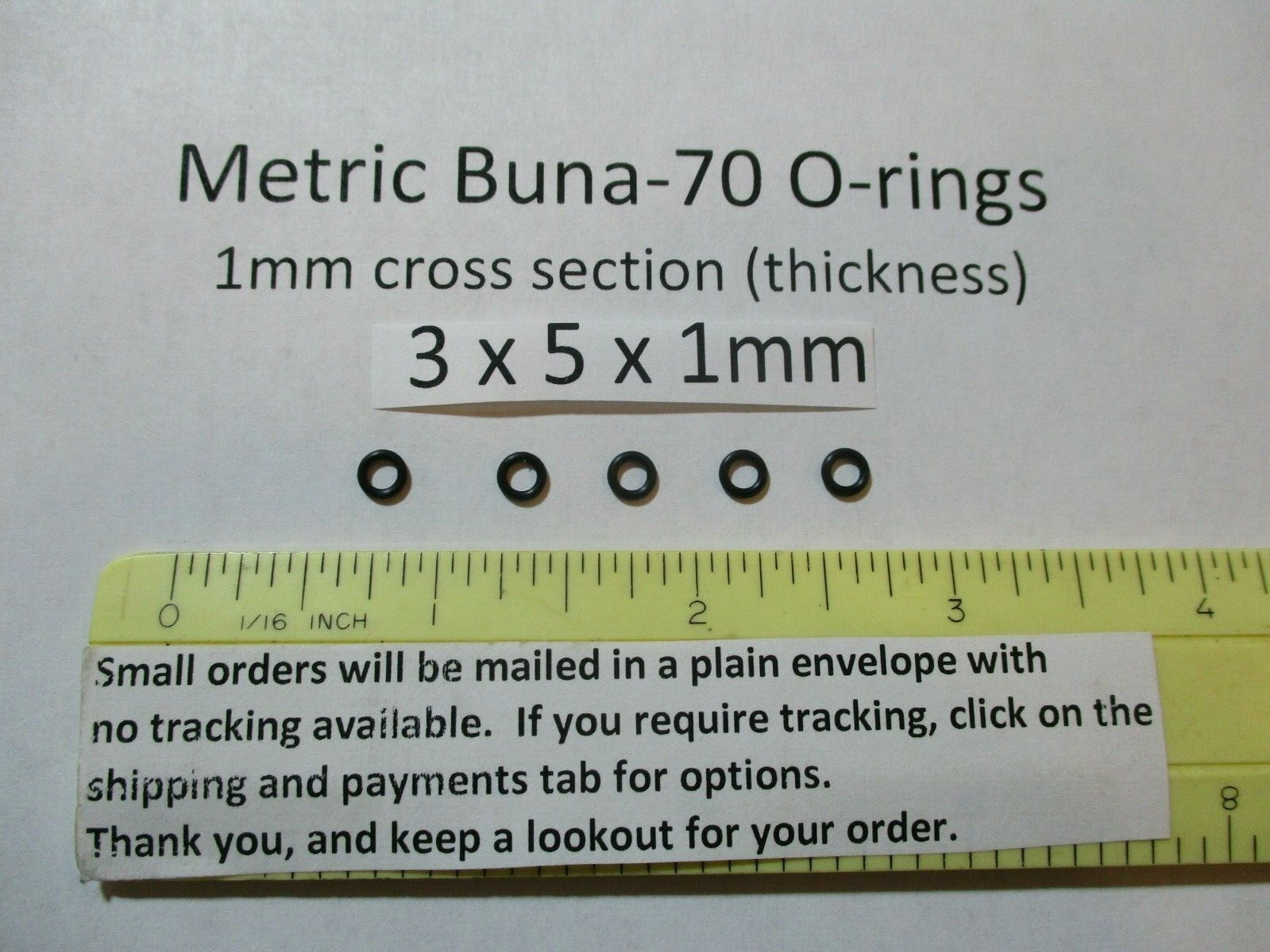 3mm ID x 5mm OD x 1mm thick O-ring. Buna-70. Quan 5.