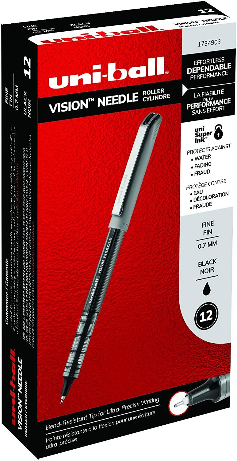 1734903 Uni-Ball Vision Needle Roller Ball Pen, Fine Tip, Black Ink, Box of 12