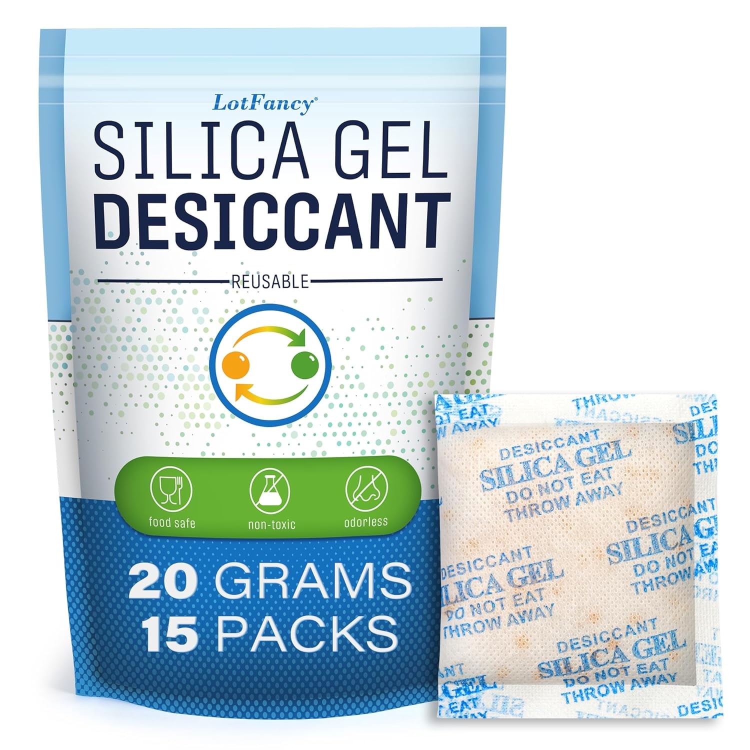 LotFancy 15 Packs 20Gram Silica Gel Desiccant Packets, Non-Toxic Food Safe Moist