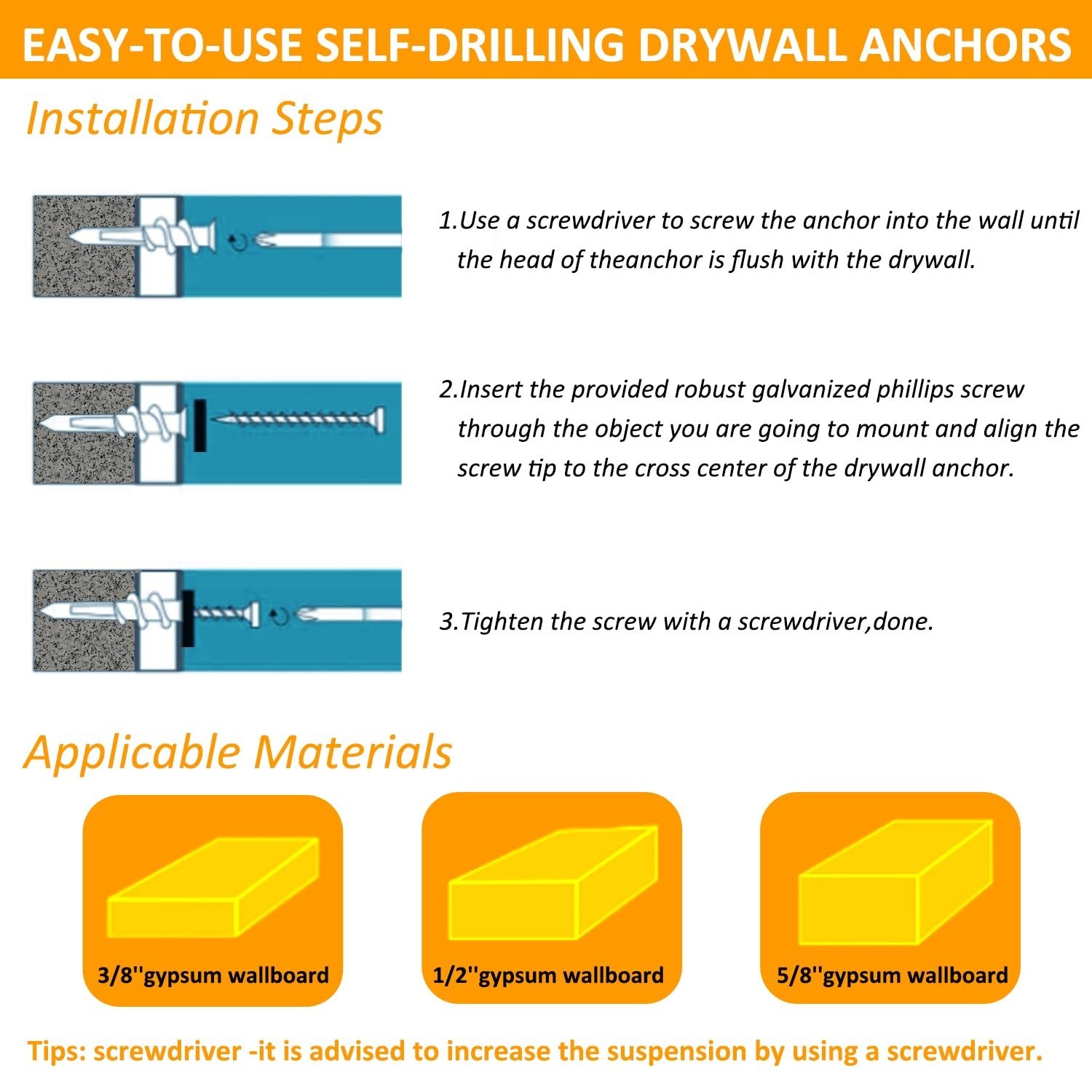 104 Pcs Self Drilling Drywall Anchors and Screws Kit Self-Tapping/Threaded Sheet