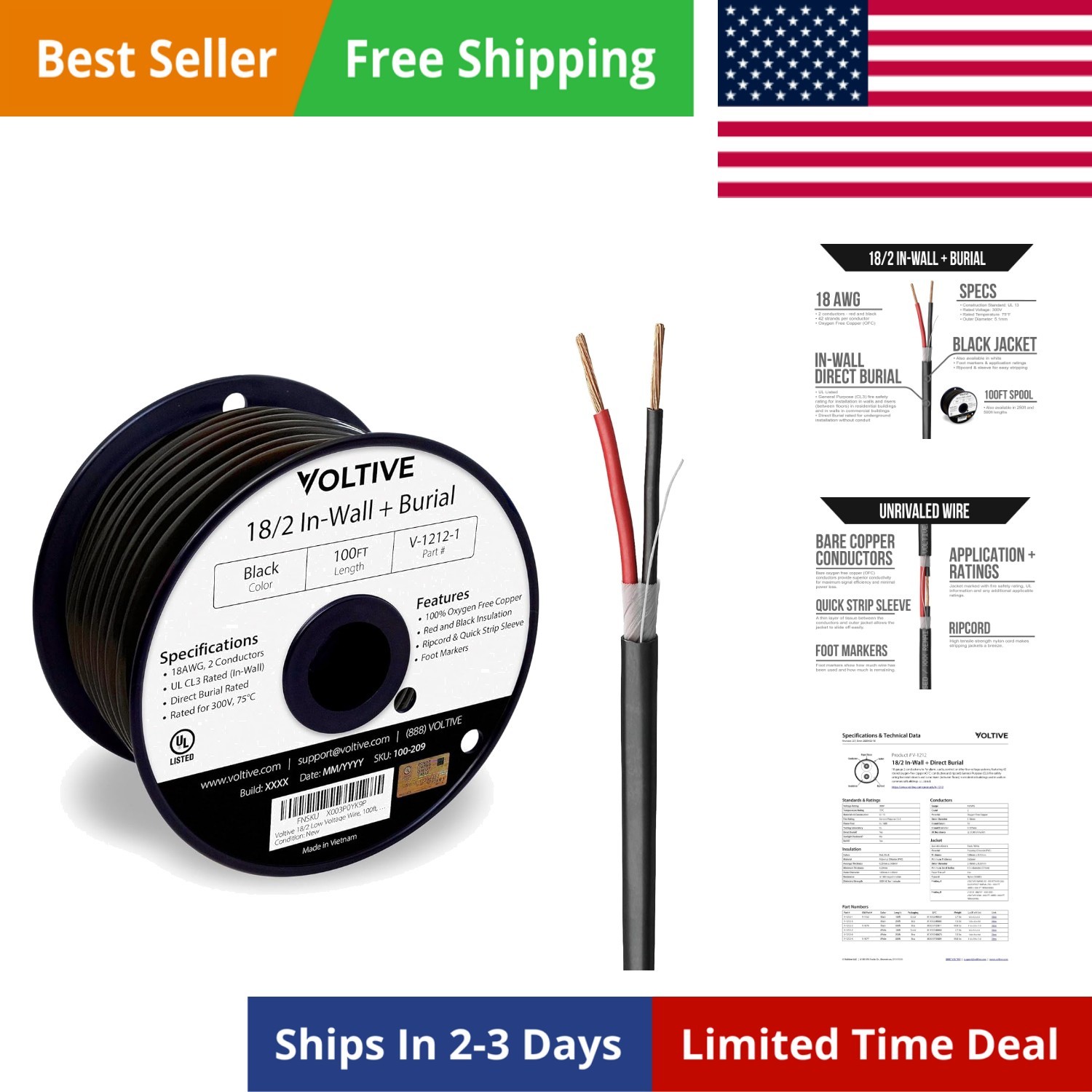 18/2 Low Voltage Wire, in-Wall CL3 & Direct Burial, Black, 100ft – 18AWG, 2 C…