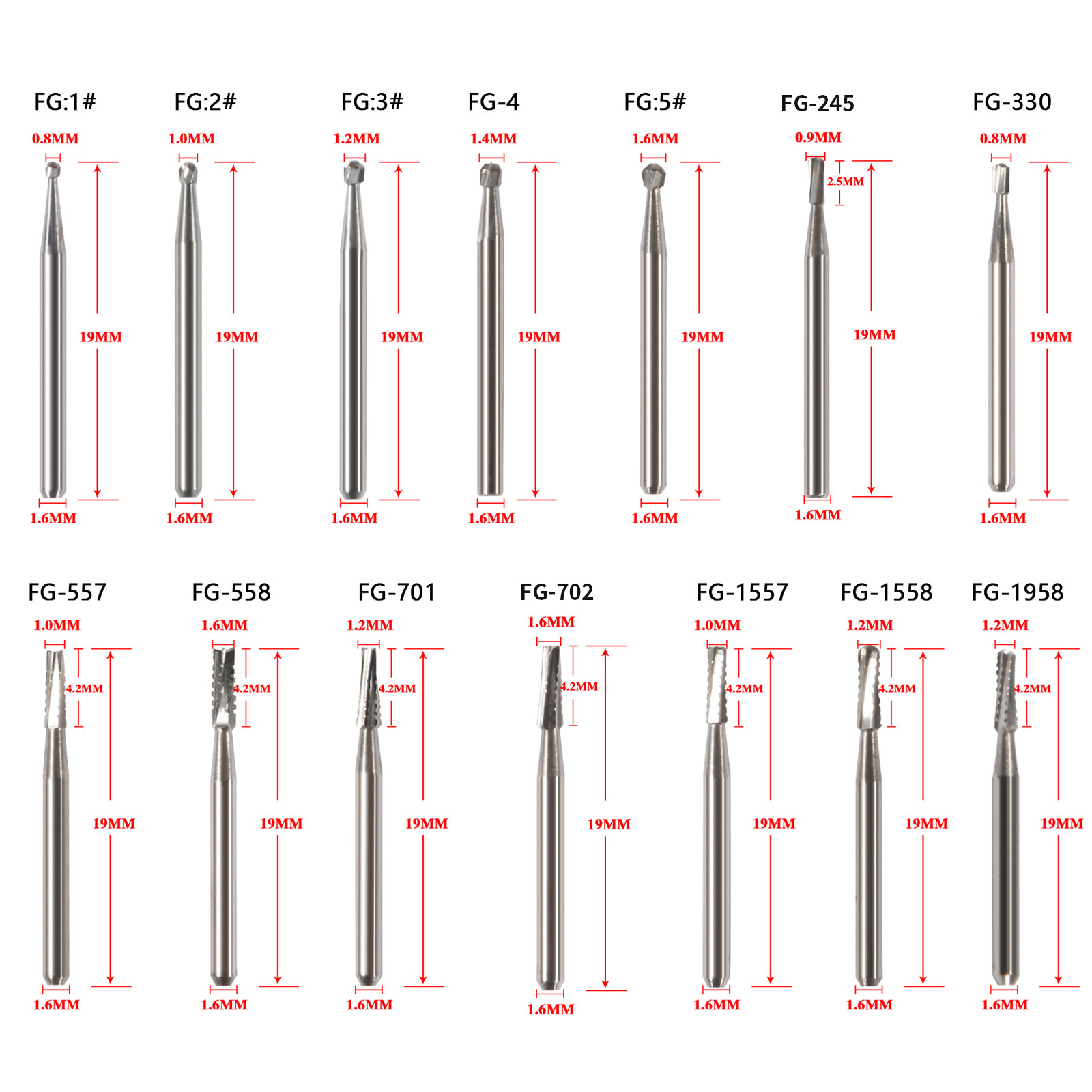 Dental Carbide Burs FG1/2/3/4/5/330 Round for High Speed Handpiece 10 Pcs/set