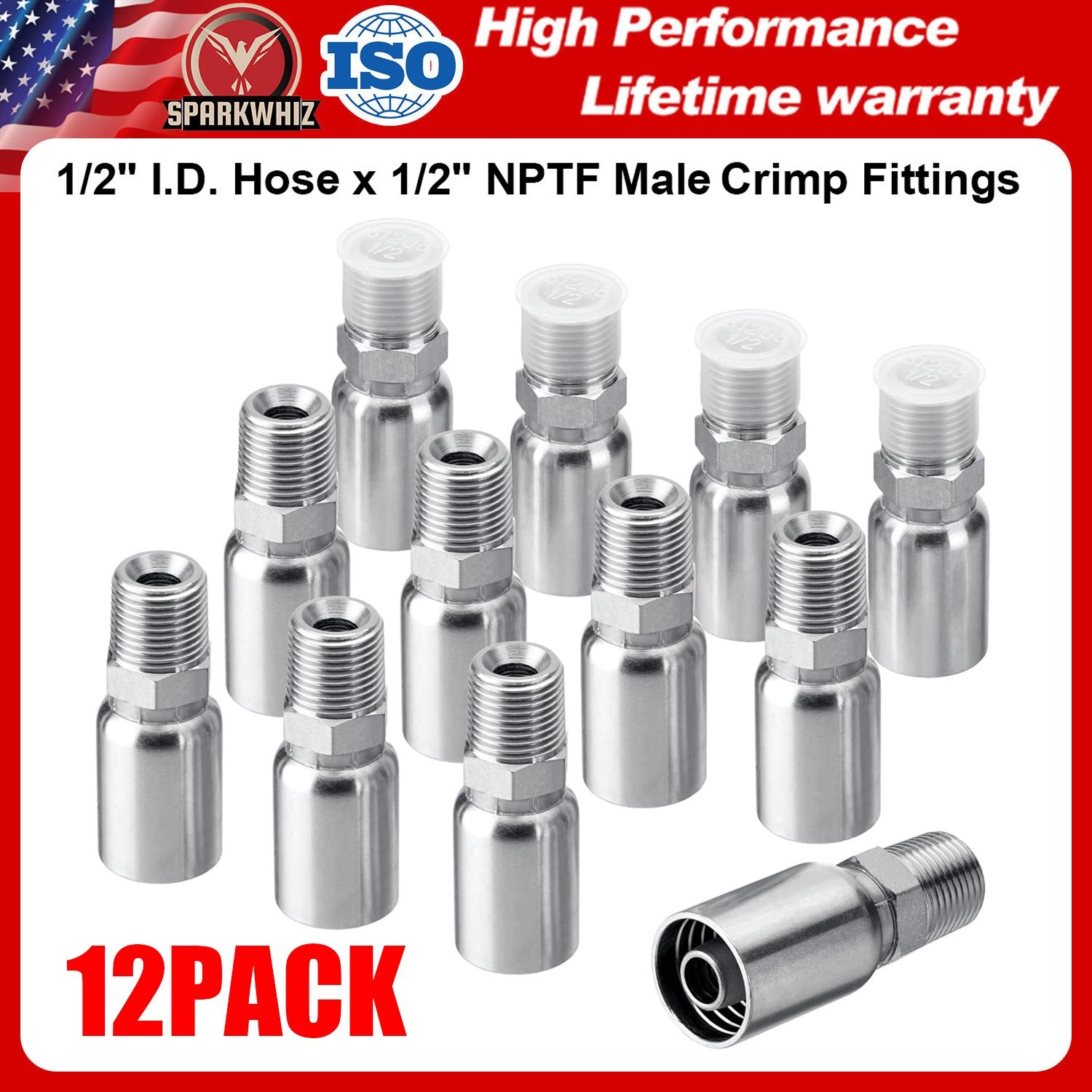 12 Pack 1/2″ I.D. Hose x 1/2″ NPTF Male Hydraulic Hose End Crimp Fittings