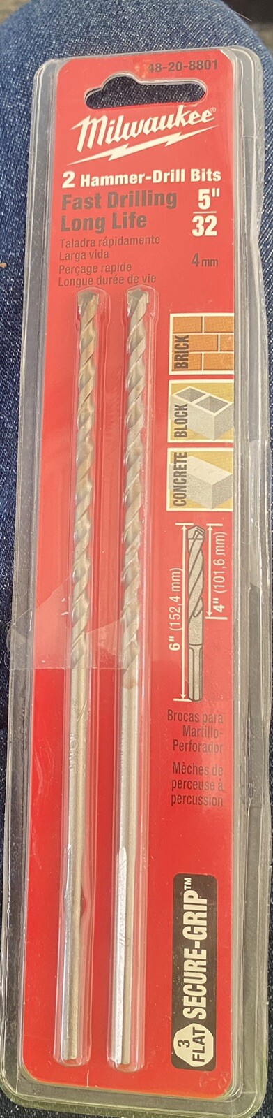 2-MILWAUKEE 5/32-in. (4 mm) x 4-in. x 6-in., 3-Flat Hammer-Drill Bit, 48-20-8801