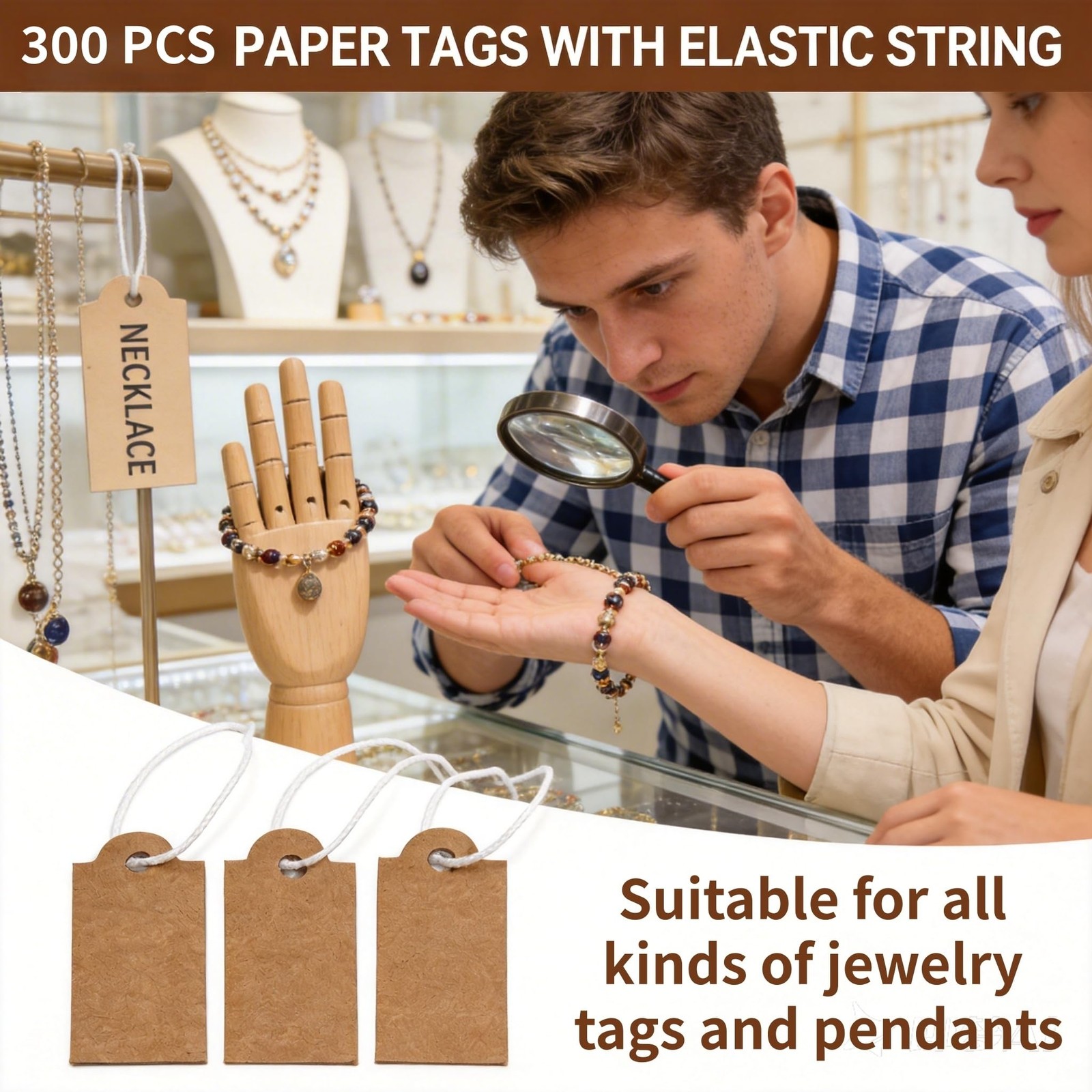300 Pcs Small Price Tags with Elastic String, Brown Kraft Jewelry Tags
