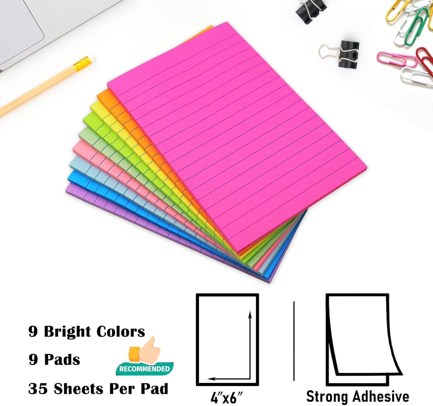 9 Pack Lined Sticky Notes 4×6 in Post Sticky Notes with Lines, 9 Bright Colors S