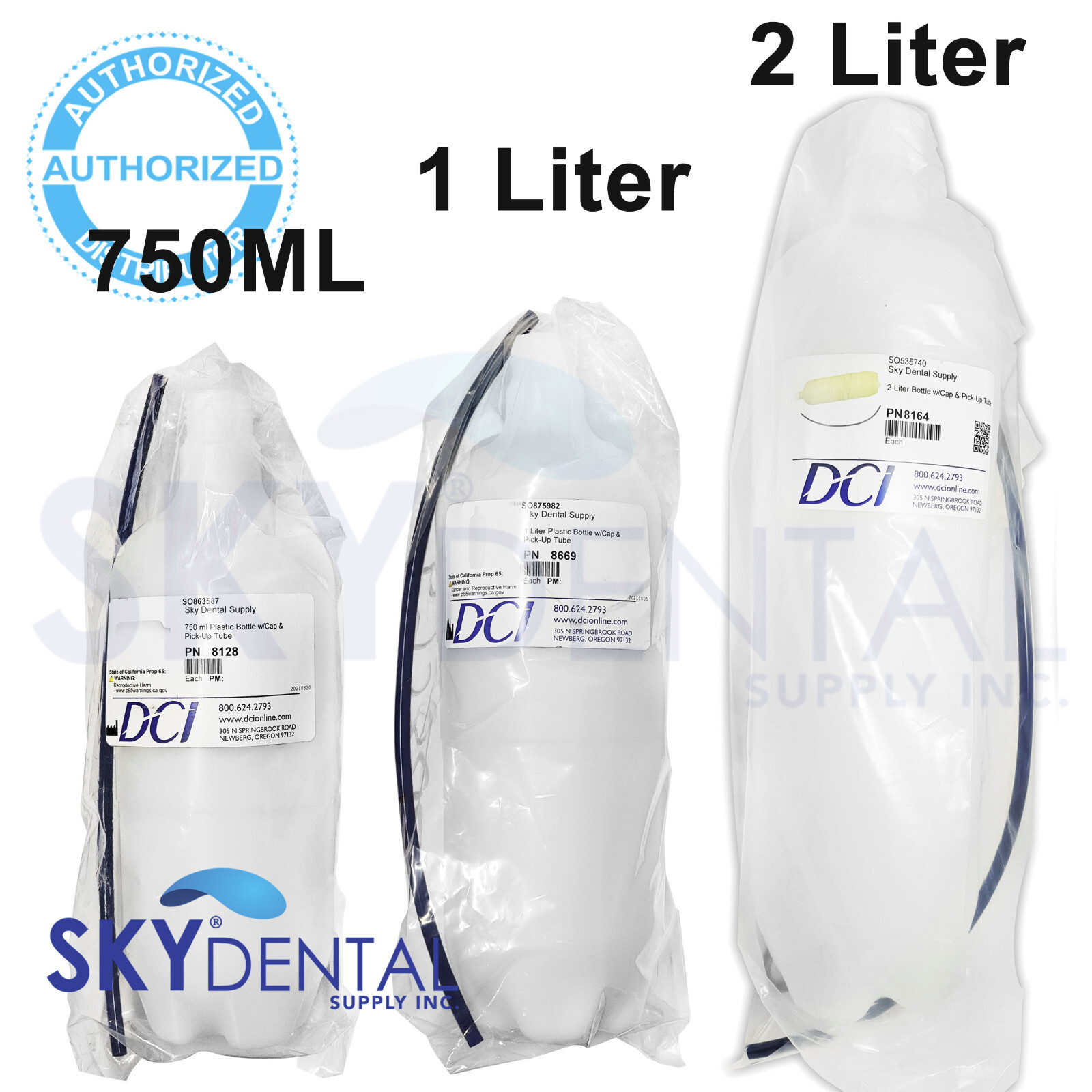 2x DCI Dental Water Bottles Heavy-Duty Plastic 750ML / 1 / 2 Liter with Cap&Tube