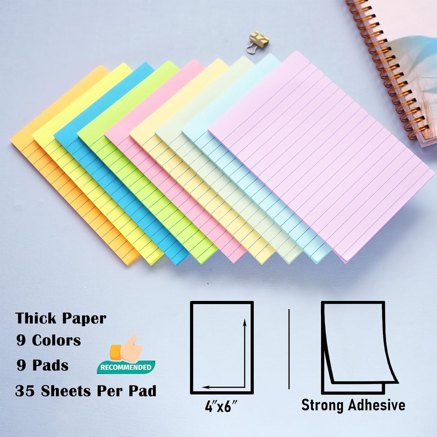 9 Pack Lined Sticky Notes 4X6 in Post, 9 Pastel Colors Large Ruled Post Sticky C