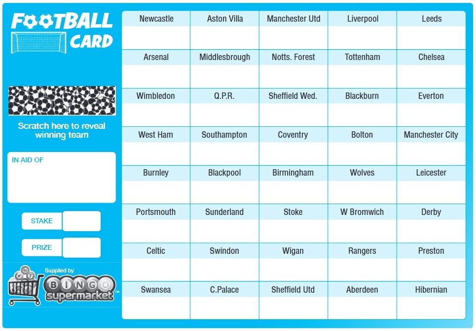 FOOTBALL SCRATCH CARDS 20 30 40 50 and 80 Team Fundraising A5 Card Charity Event