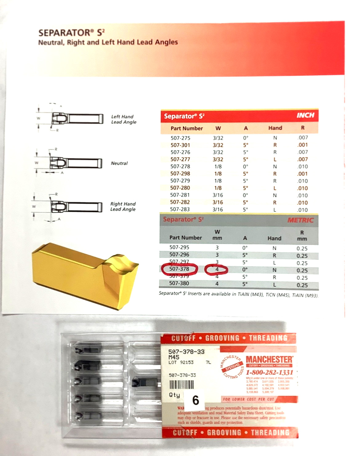 MANCHESTER 206-473, 1″-RH “MAX” .157”W Cutoff Tool-1.50″ Depth + 6 PCS .157” INS