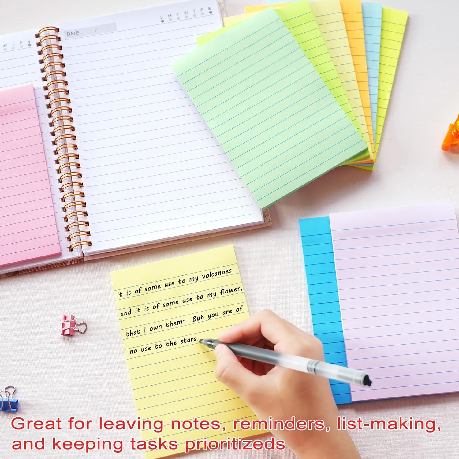 9 Pack Lined Sticky Notes 4X6 in Post, 9 Pastel Colors Large Ruled Post Sticky C