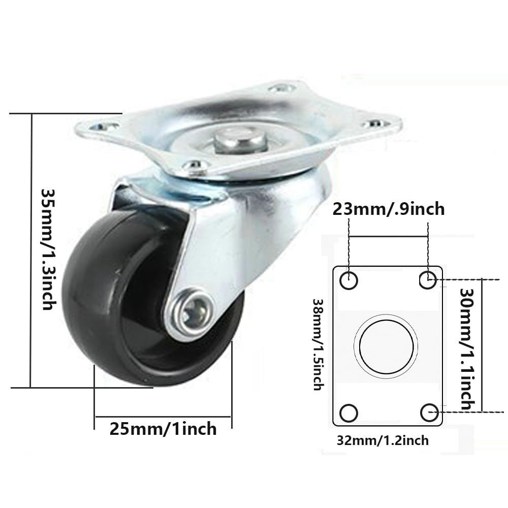 8 Pack 1″ Swivel Caster Wheels Rubber Base with Top Plate & Bearing,Small Caster