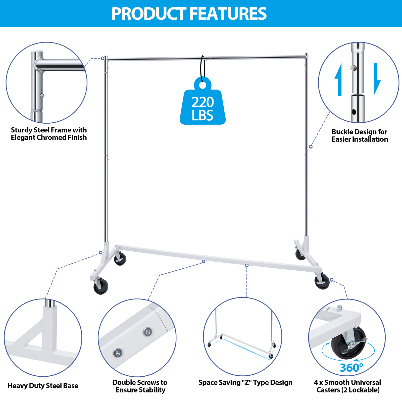 2PCS Heavy Duty Clothes Rack Rolling Garment Z Clothing Rack W/Lockable Casters