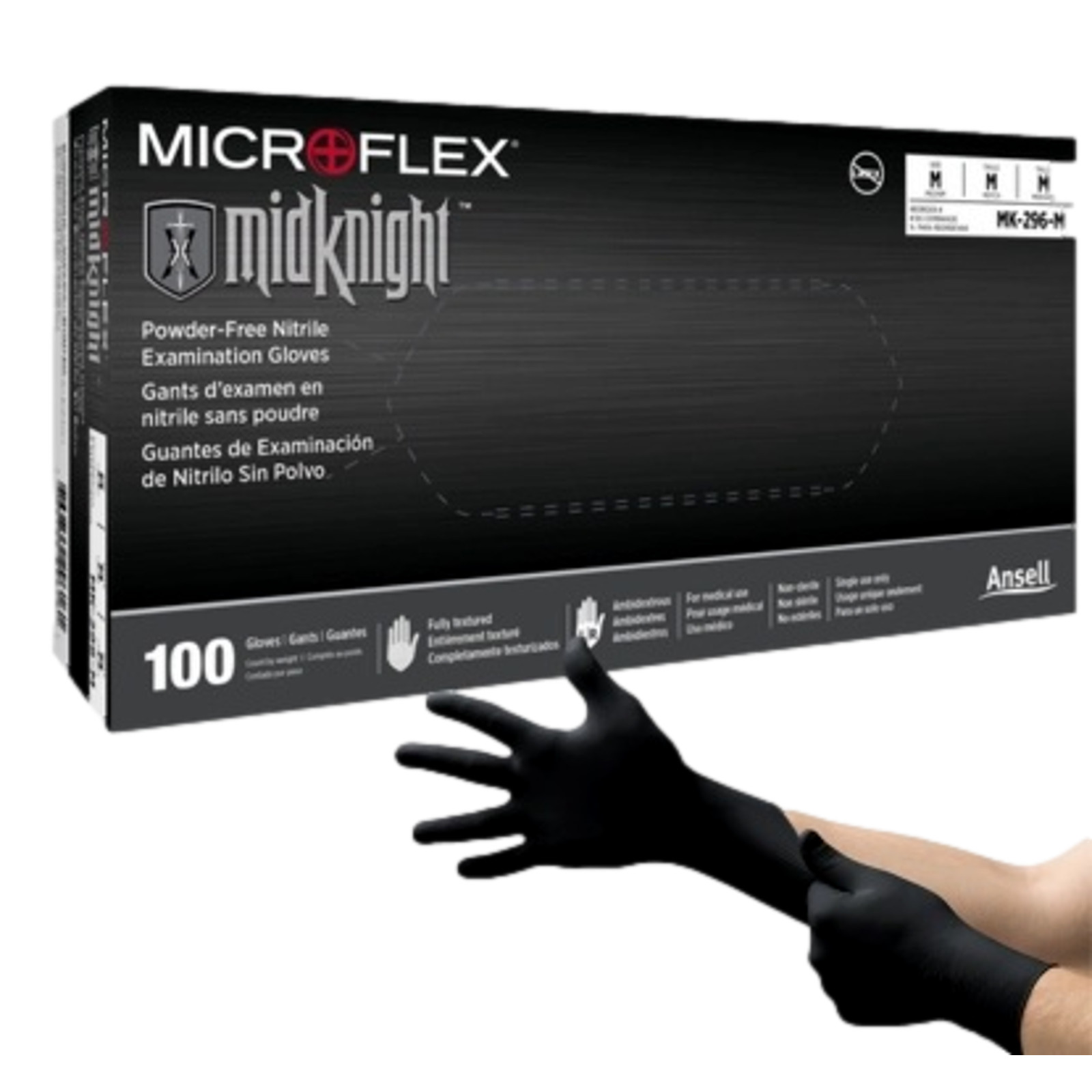 Ansell MK-296 XL Microflex MidKnight Black Nitrile Gloves Powder-Free Box of 100