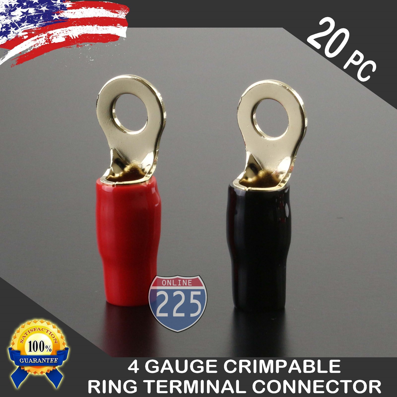 4 Gauge Gold Ring Terminal 20 Pack 4 AWG Wire Crimp Red Black Boots 5/16″ Stud