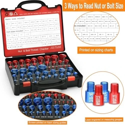 55Pcs Nut and Bolt Thread Checker 25 Metric + 30 SAE Inch Thread Gauge Set, Deta