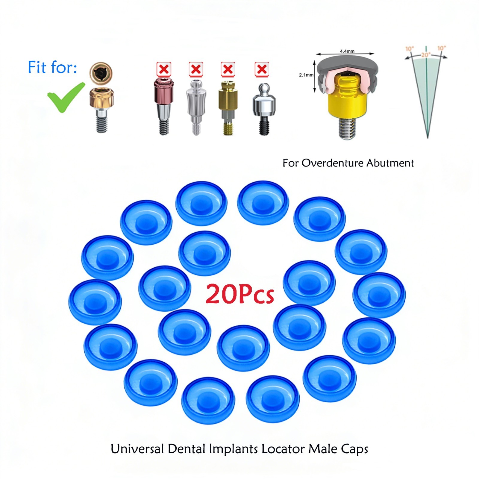 20Pcs Universal Dental Overdenture Replacement Cap for Zest Locator Male Inserts