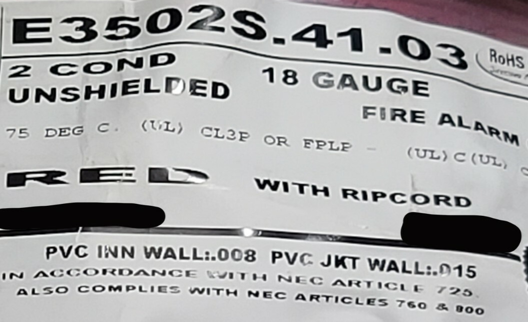 Carol E3502S 18/2C Solid Plenum Fire Alarm Security Wire Cable FPLP Red /100ft