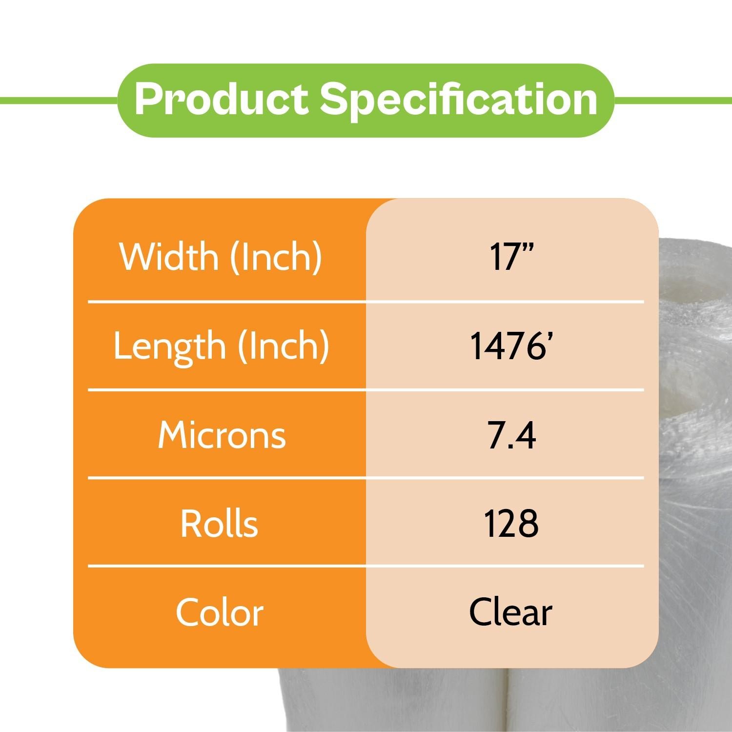 Coreless Pre Stretch Wrap Clear 17″ x1476′ Film 128 Rolls No Handle 30 Gauge