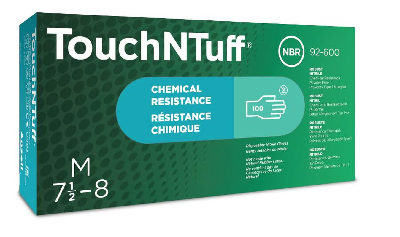 Touchntuff 92-600 Nitrile Lightweight Glove with Beaded Cuff, Chemical/Splash Re