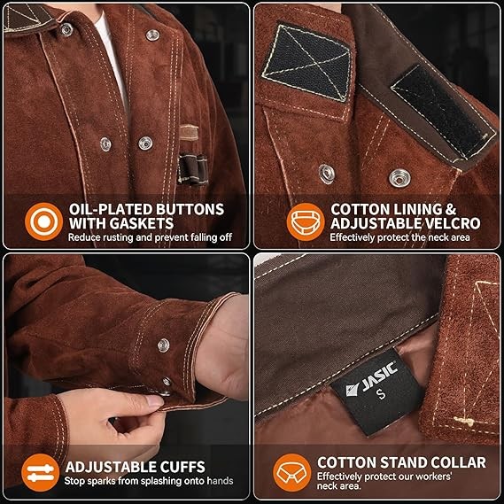 JASIC Leather Welding Jacket Split Cowhide Flame Resistant for Heavy Duty Welder
