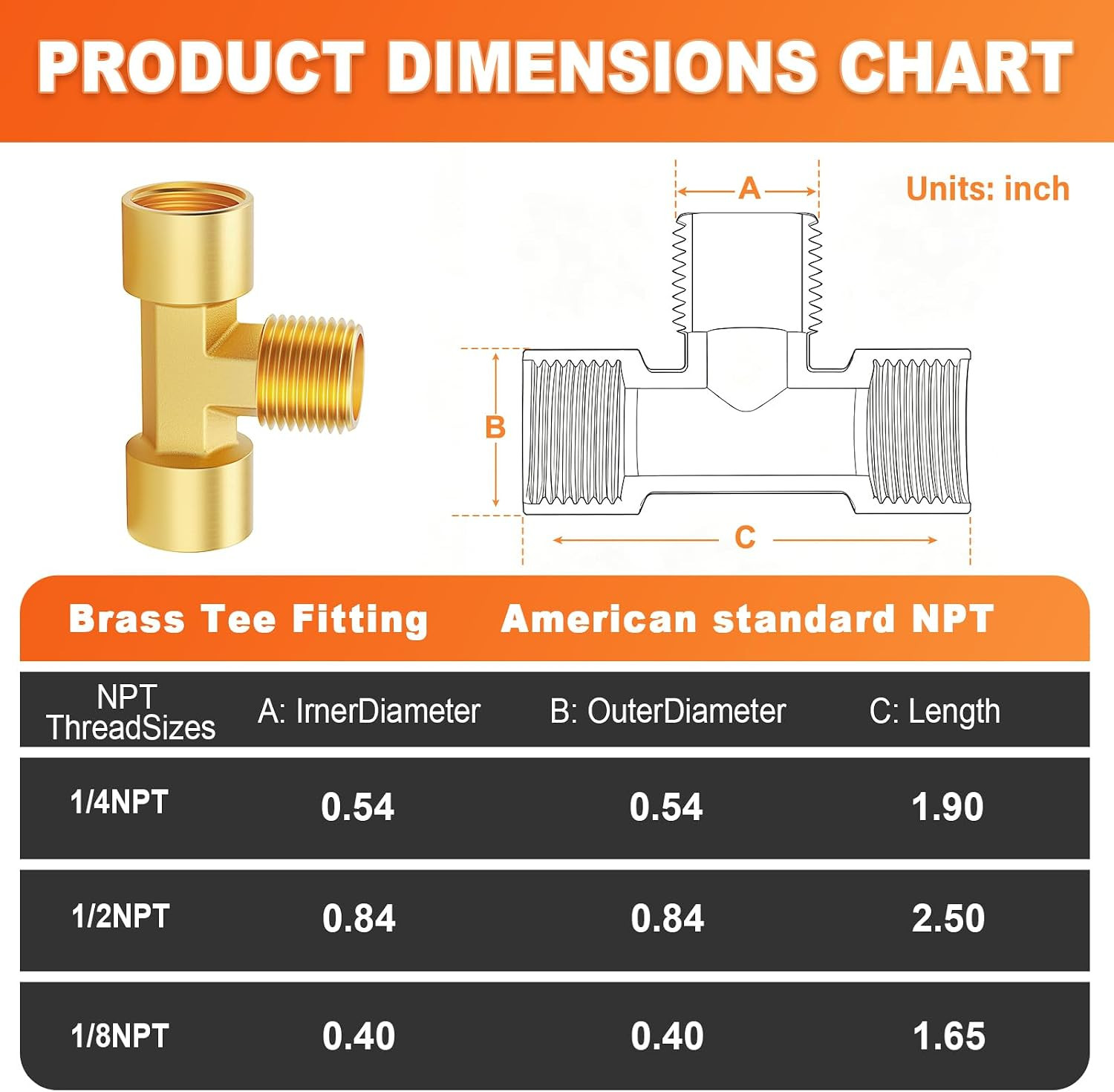 5PCS Metals Brass Pipe Fitting Barstock Male Branch Tee T Adapter 1/4″ N
