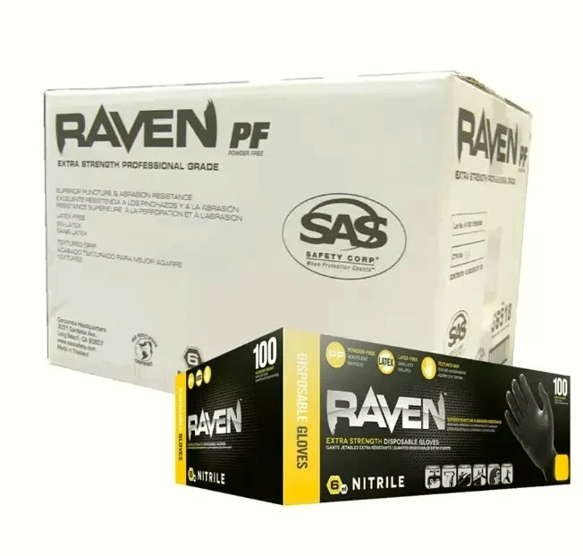 SAS 66519 Raven Powder-Free Black Nitrile Gloves XL ( 10 Boxes of 100 )