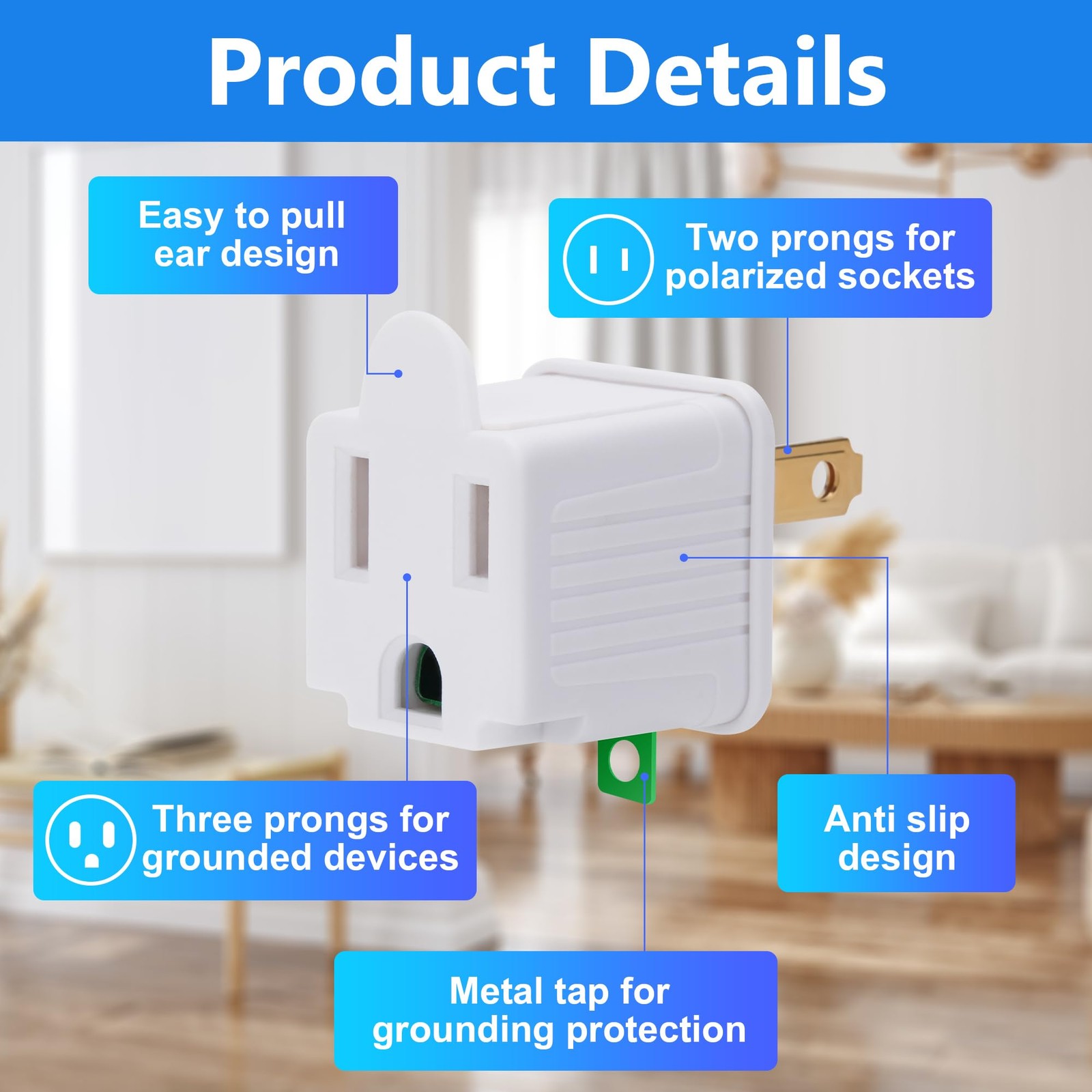 3 Prong to 2 Prong Outlet Adapter 5 Pcs HeavyDuty Polarized Grounding Converter