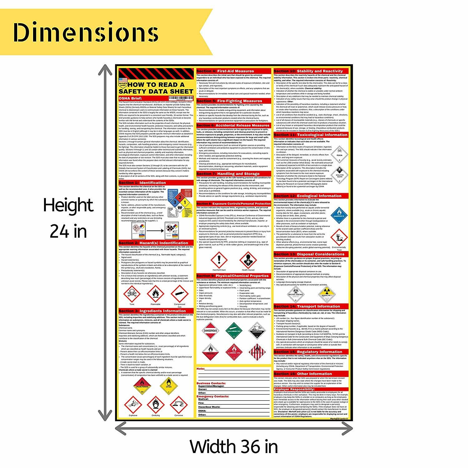 How to Read A Safety Data Sheet (SDS/MSDS) Poster 24x36in OSHA, Chemical, Hazard