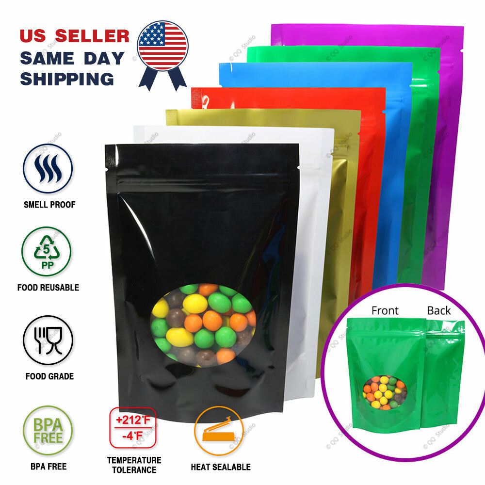 Multi-Color & Size Glossy Mylar Stand up Zip Lock Bag w/ Round Window M51