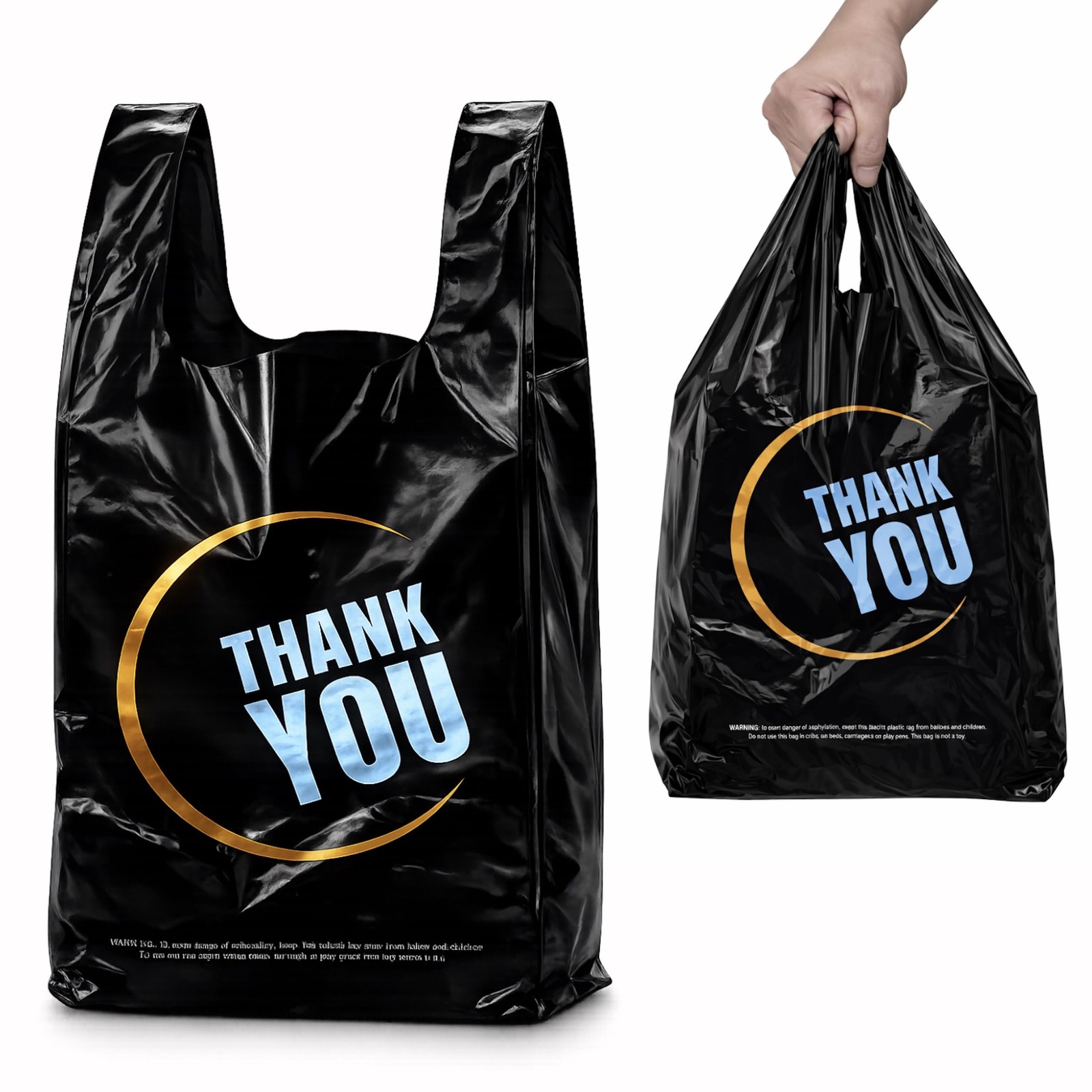 YoYoRain 100 Count Plastic Bags – Black T Shirt with Handle Large,