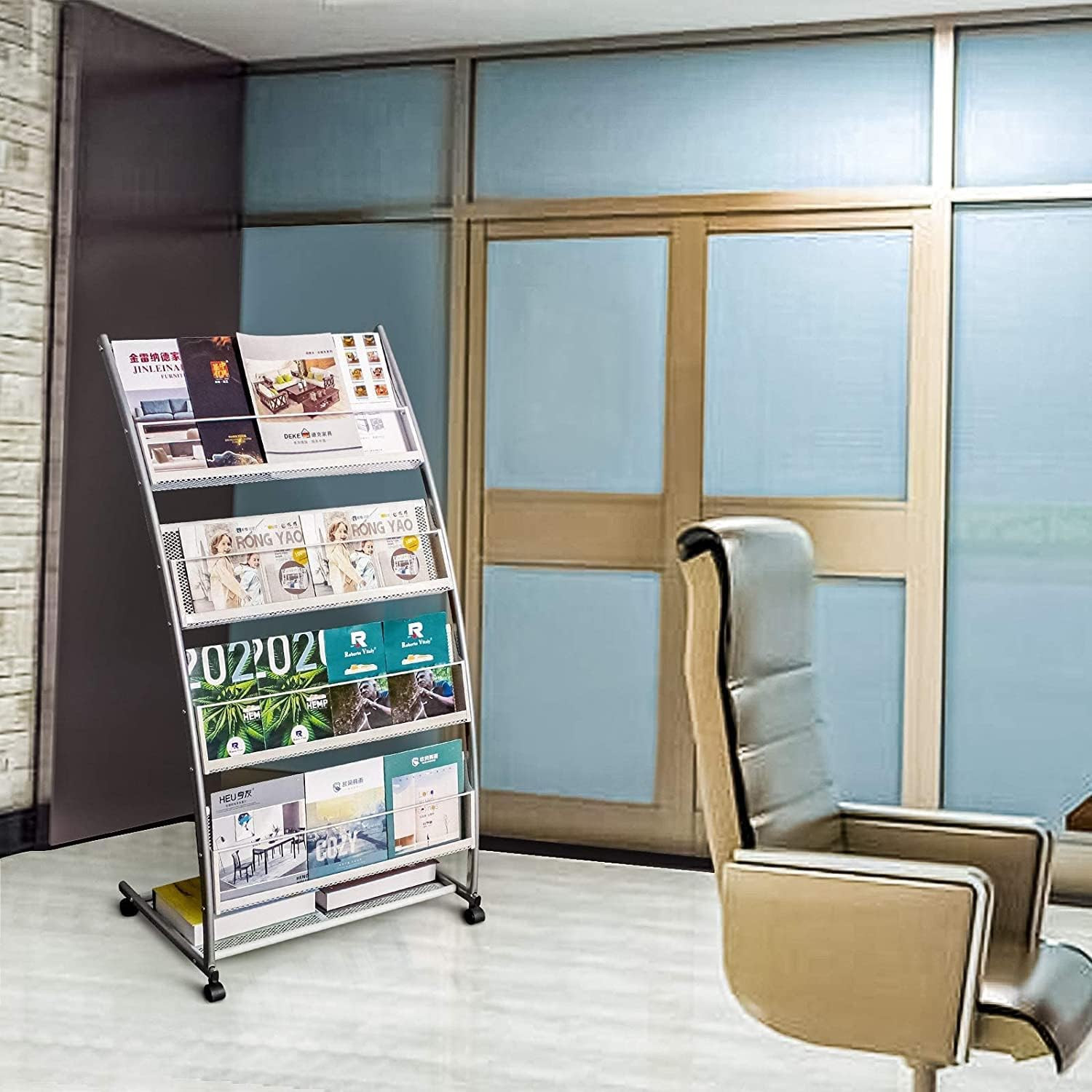 Magazine Rack Floor Standing,Brochure Display Stand, 4 Pockets Metal Literature