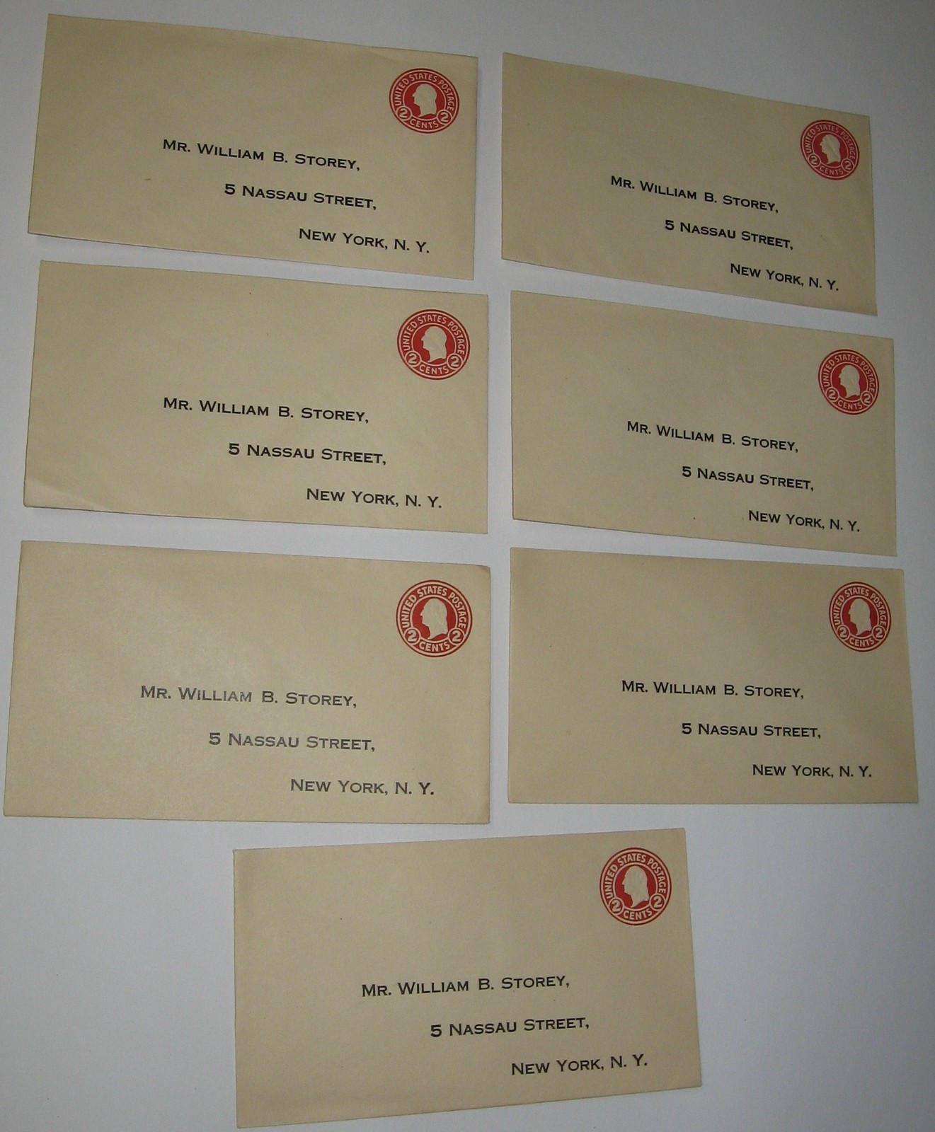 7-Business Envelopes Prepaid 2 cents 1920’s William B. Storey, Nassau St. NY, NY