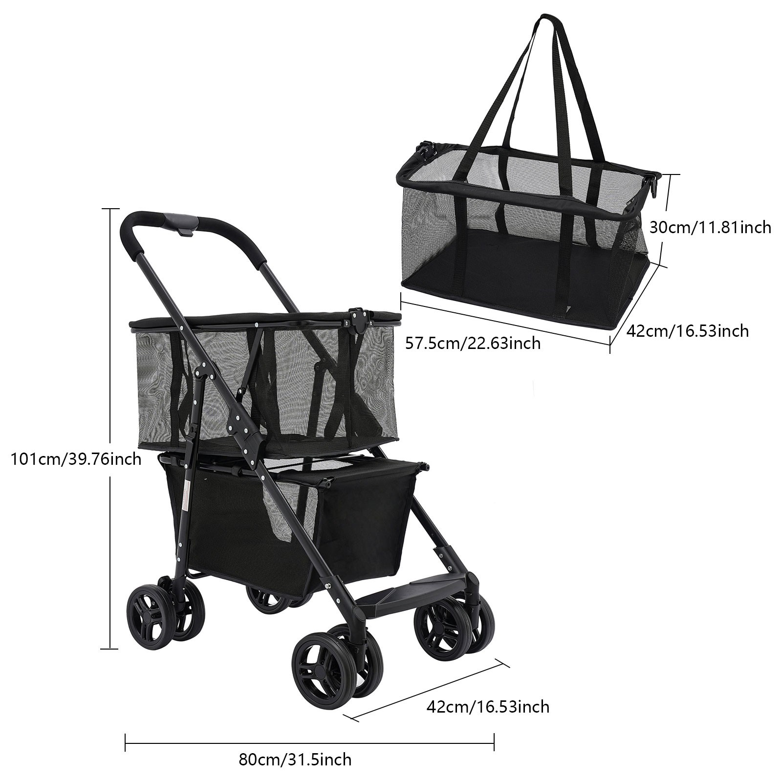 Oxford Cloth Foldable Shopping Cart 50kg Black Wheels Detachable Bag