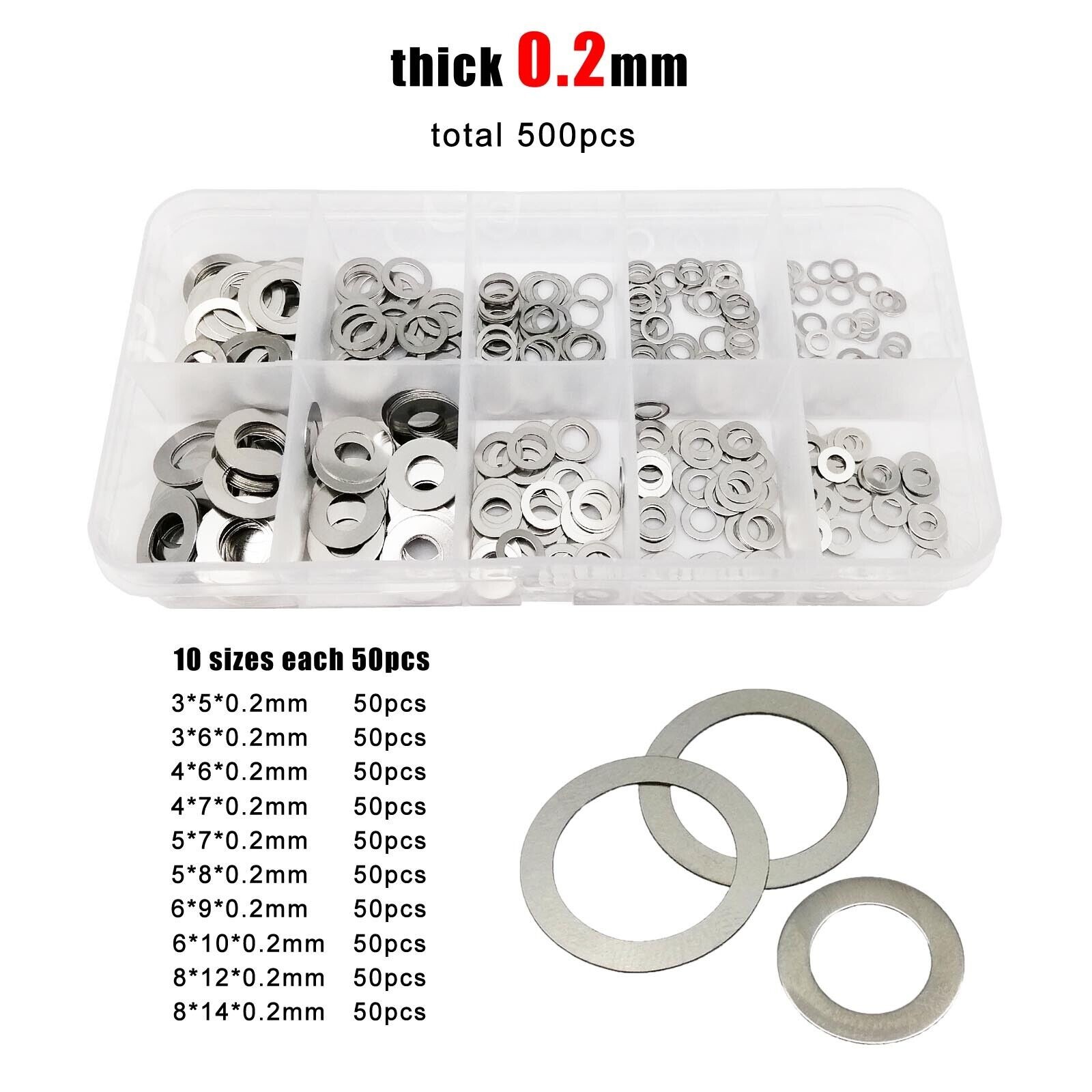 500pcs M3-M8 0.2mm 304 Stainless Steel Ultra Thin Flat Washer Shim Set Kit Box