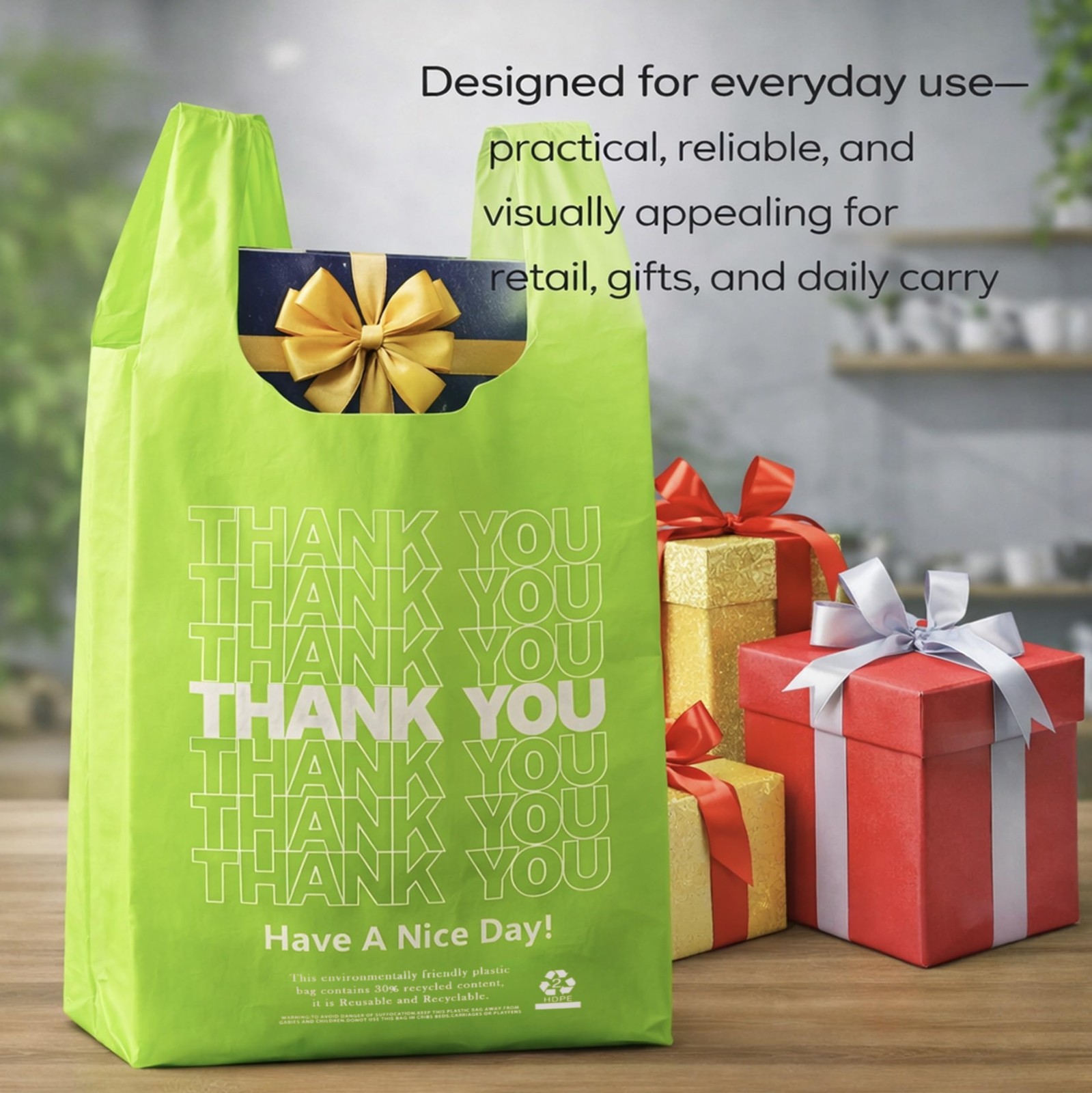 100 Pack â€œThank Youâ€ T-Shirt Bags â€“ Green Plastic Large