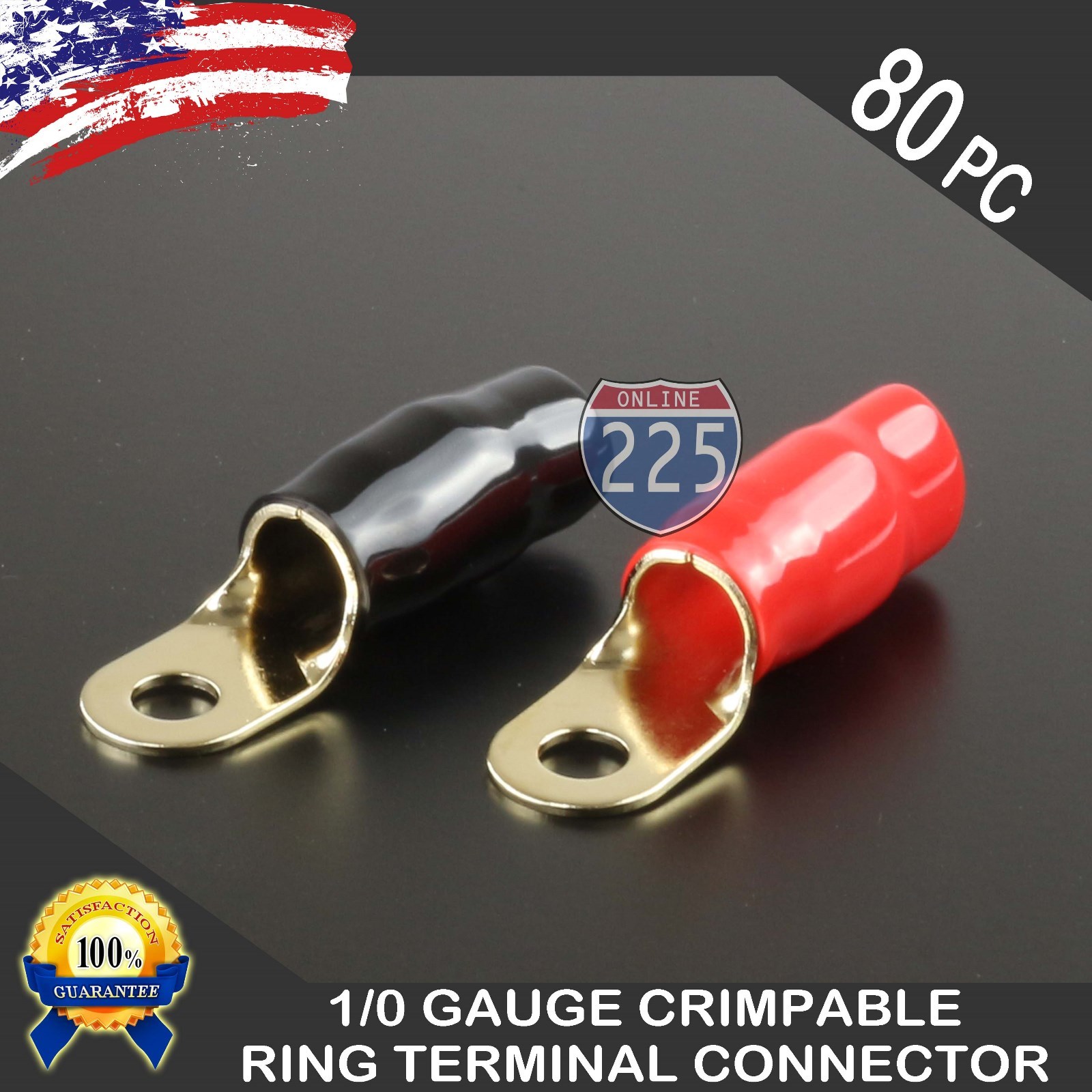 0 Gauge Gold Ring Terminal 80 Pack 1/0 AWG Wire Crimp Red Black Boots 5/16
