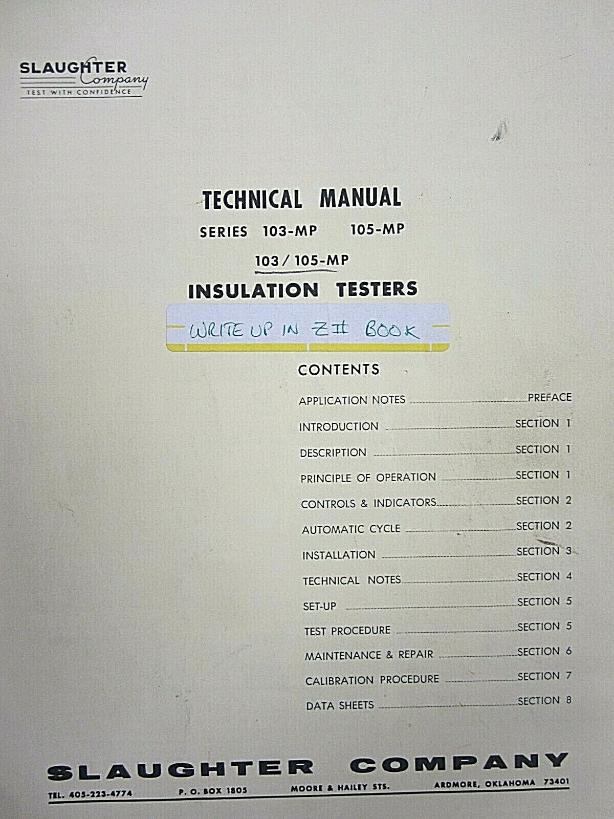 Slaughter Co. Series 103-MP 105-MP Insulation Testers Technical Manual
