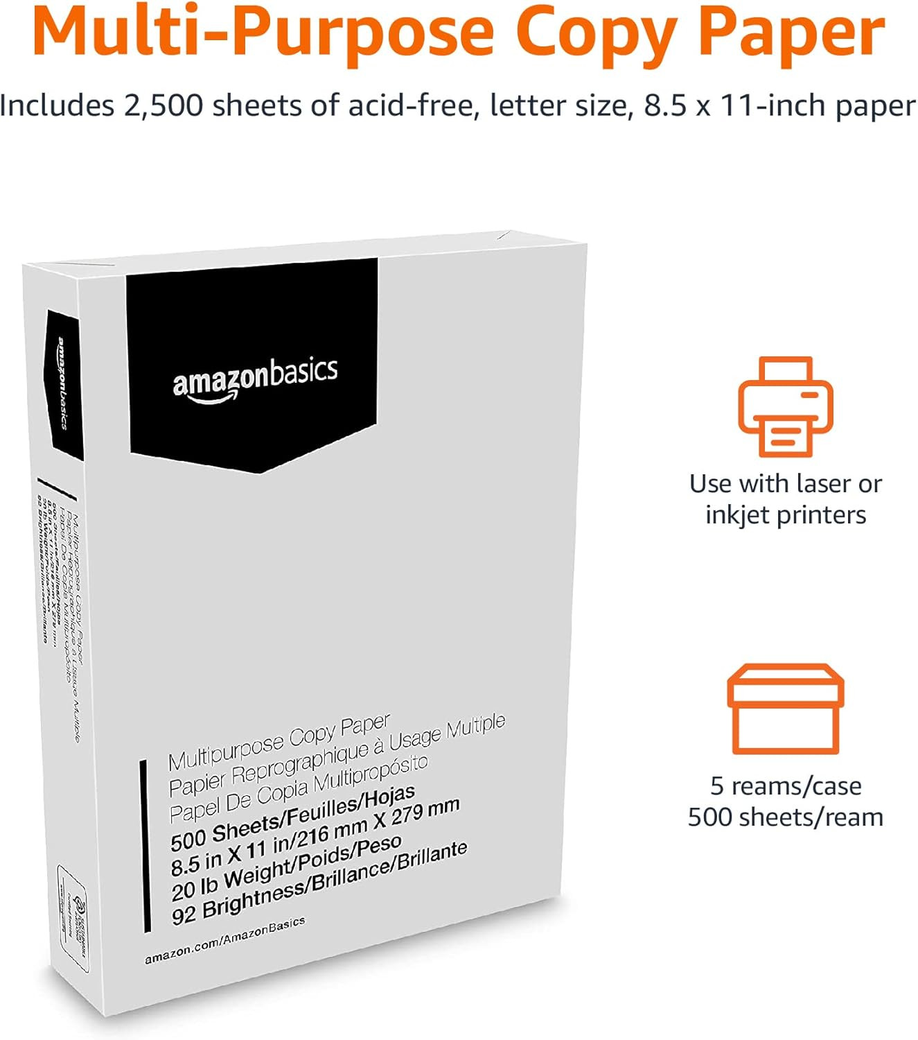 Amazon Basics Multipurpose Copy Printer Paper, 20 Lb, 8.5 X 11 Inches, 5 Reams (