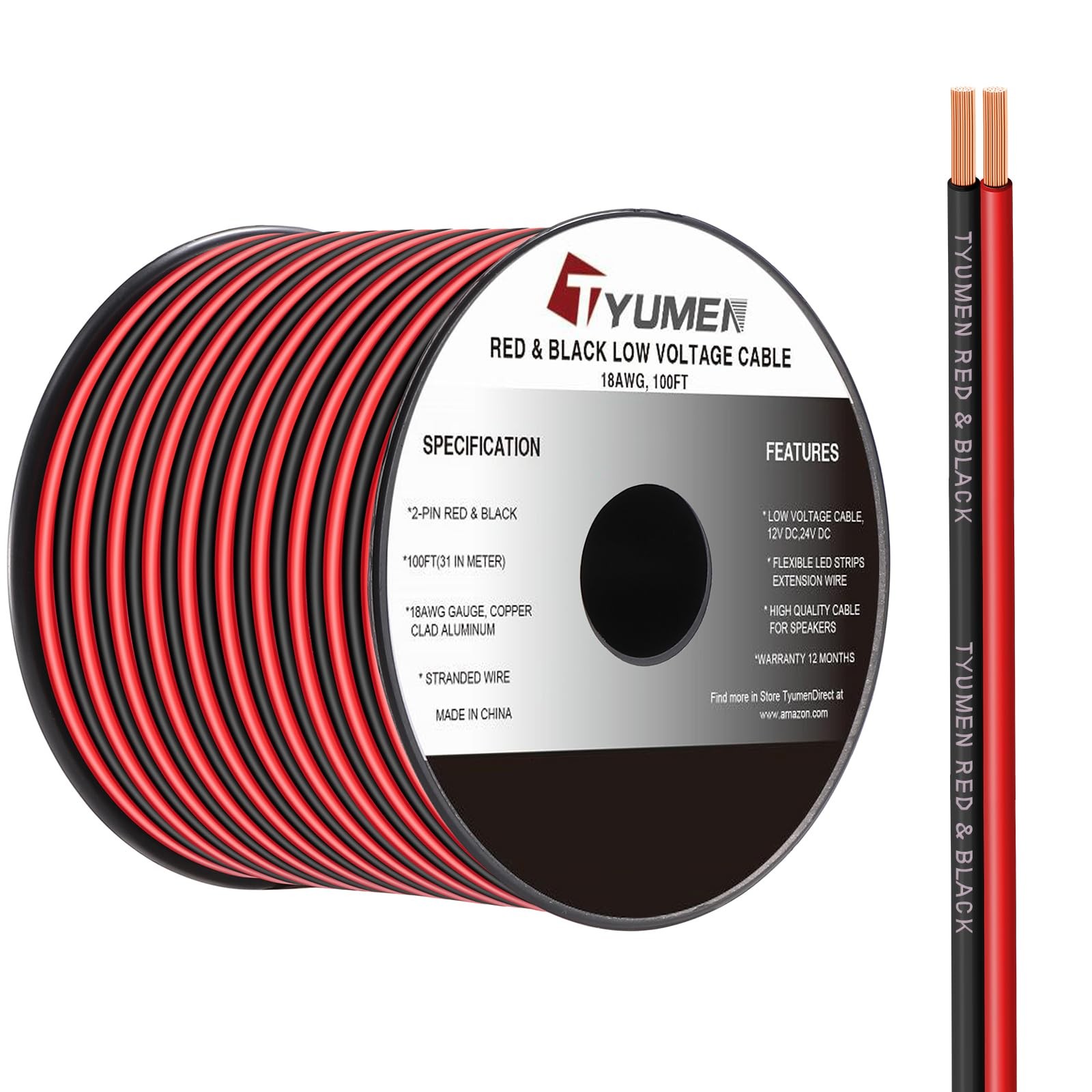 18 Gauge Wire 100FT, 18/2 AWG Red Black Hookup Electrical Wire LED Strips Ext…