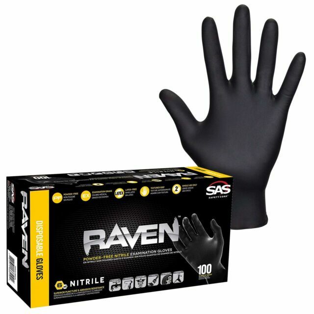 SAS Safety Raven Powder-Free Disposable Black Nitrile 6 Mil Gloves 100 Count