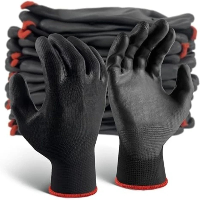 WOLF Ultra-Thin Black Work Gloves Polyurethane Palm Coated Nylon Shell 12 Pairs