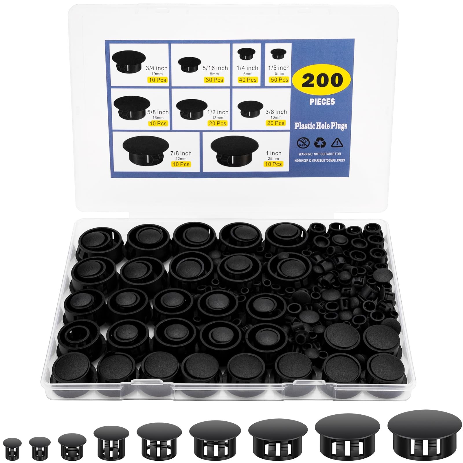200Pcs 9 Sizes Nylon Plastic Hole Plugs Black Round Hole, Flush Type Panel