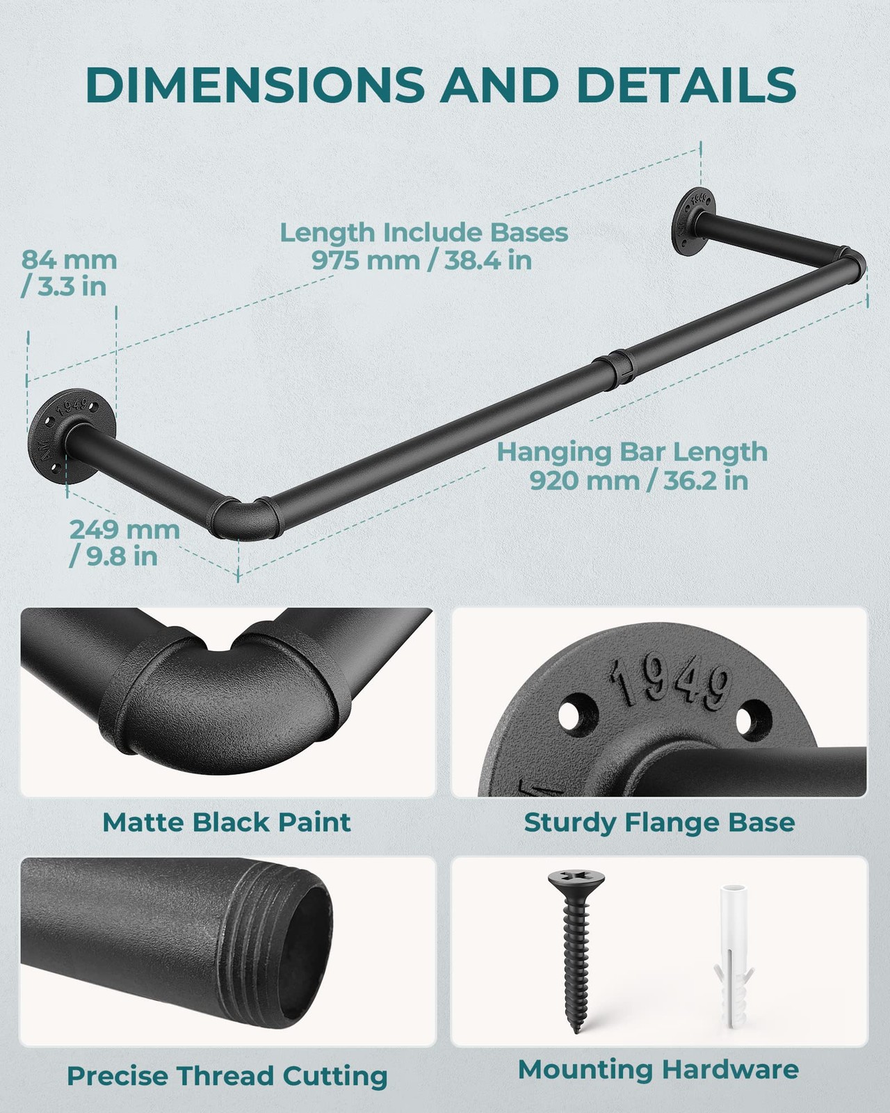 OROPY Industrial Pipe Clothes Rack Wall Mounted Set of 2, 38.4″, Black(38.4″)
