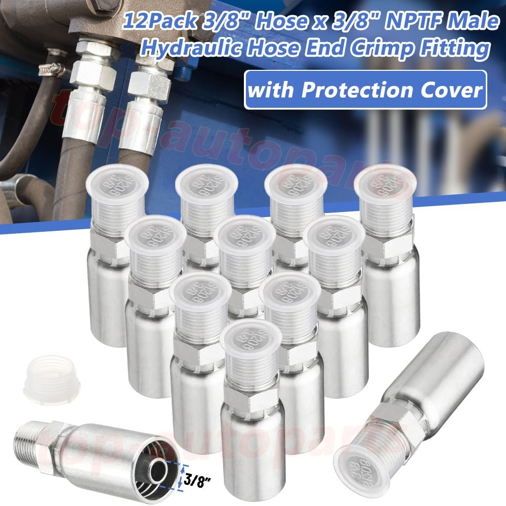 12 Pack 3/8″ Hydraulic Hose Fittings, 3/8″ I.D. Hose x 3/8″ NPTF Male with Cover